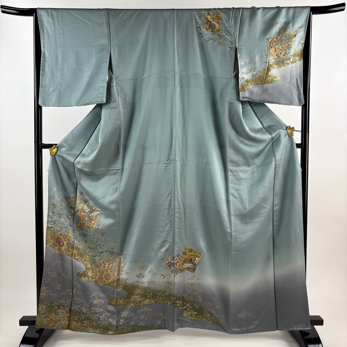 訪問着 身丈163.5cm 裄丈66cm M 袷 色紙 花鳥 金銀彩 ぼかし 青灰色 正絹 秀品 【中古】拍卖