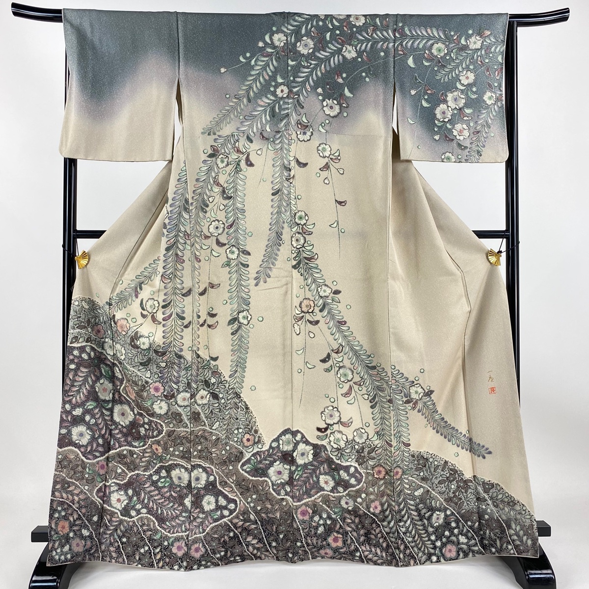 訪問着 身丈166cm 裄丈66cm M 袷 吉乃一廉 落款 辻が花 銀通し 薄茶色 正絹 逸品 【中古】拍卖