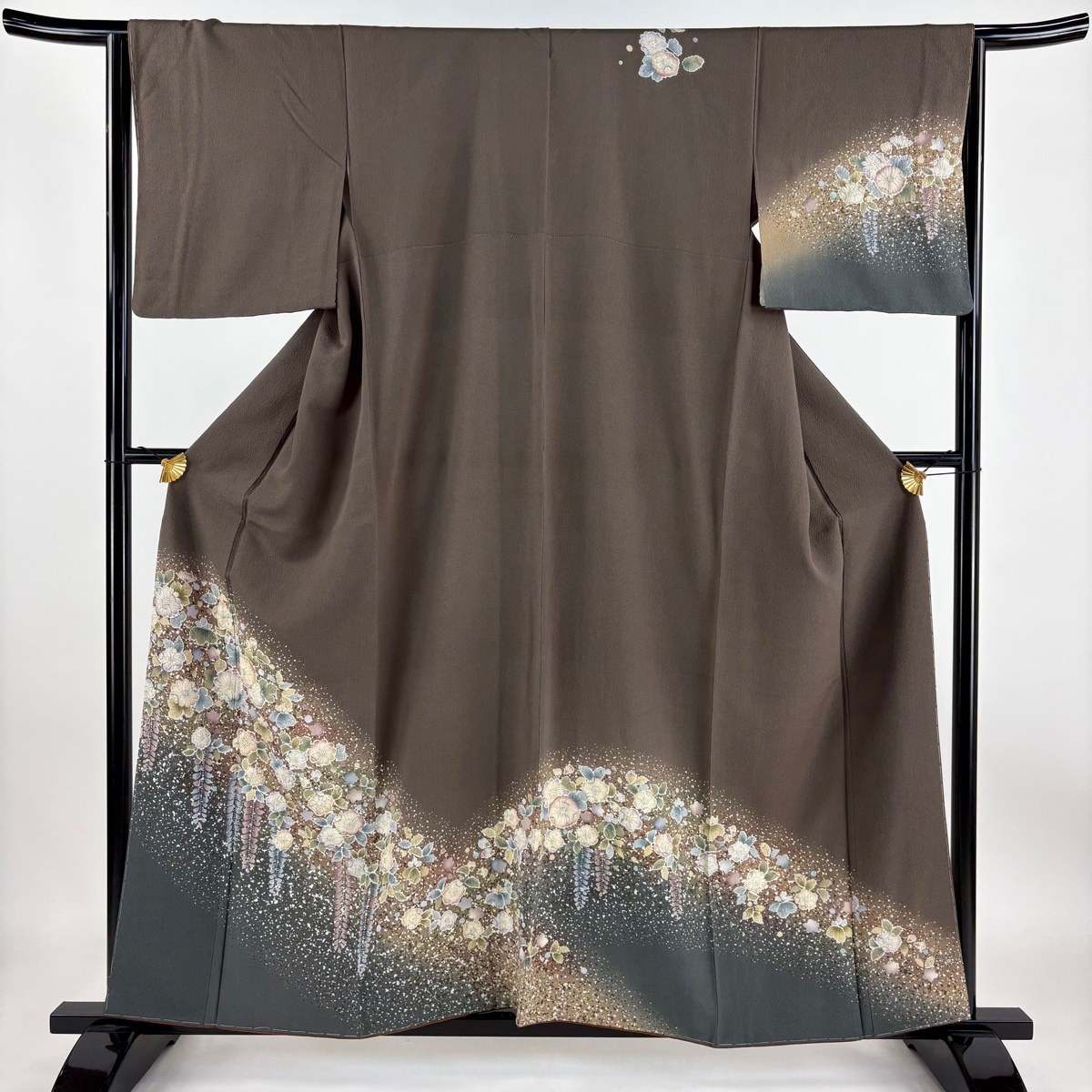 訪問着 身丈158cm 裄丈66cm M 袷 辻が花 染分け ぼかし 茶色 正絹 名品 【中古】拍卖