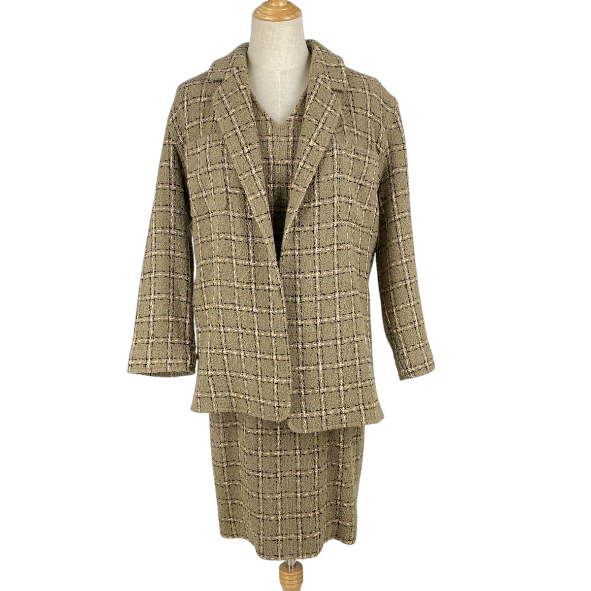 シャネル CHANEL 格子柄 ワンピーススーツ ココマーク P05818 95A タイト ひざ丈 セットアップ ブラウン ピンク レディース 【中古】拍卖