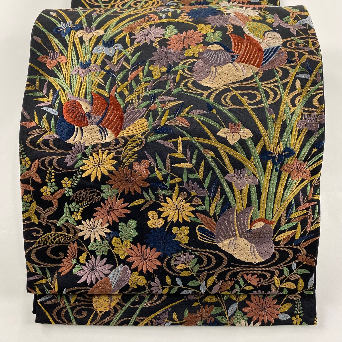 袋帯 秀品 鴛鴦 草花 唐織 箔 黒 六通 正絹 【中古】拍卖