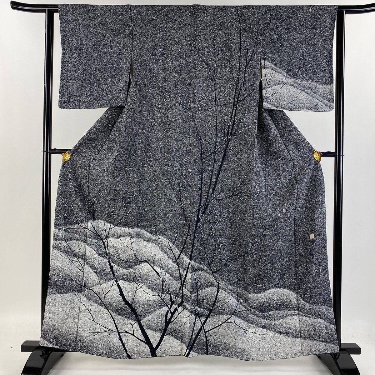 訪問着 身丈159cm 裄丈62cm S 袷 落款 樹木 黒灰 正絹 美品 秀品 【中古】拍卖