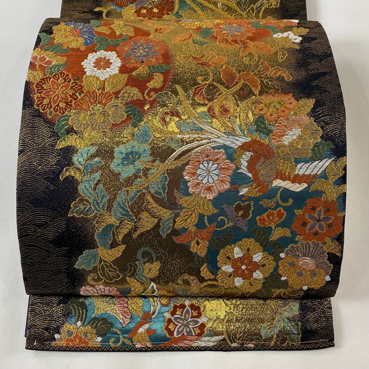 袋帯 秀品 鳳凰 草花 箔 金糸 金色 六通 正絹 【中古】拍卖