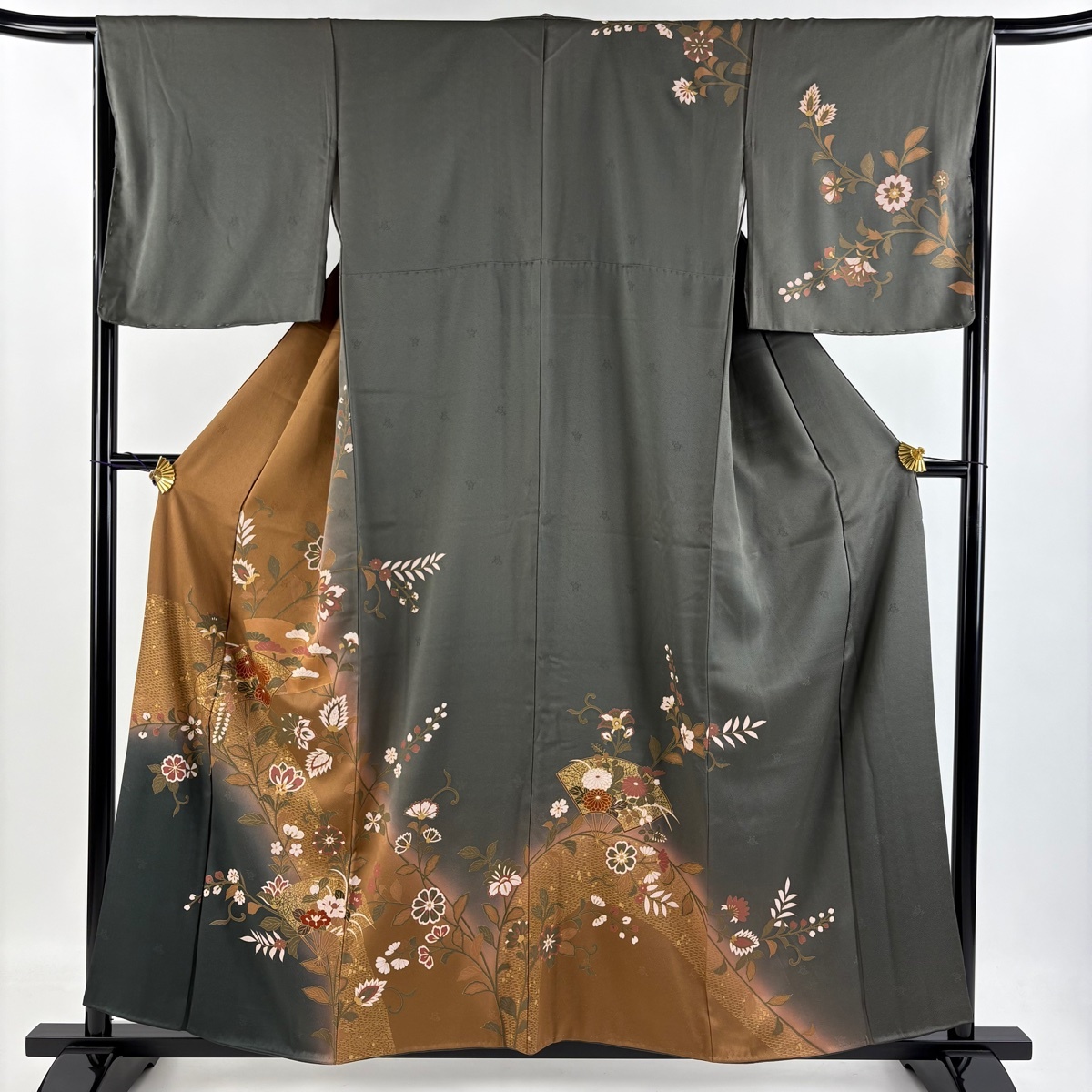 訪問着 身丈157cm 裄丈66cm M 袷 扇 草花 金彩 ぼかし 茶色 正絹 秀品 【中古】拍卖