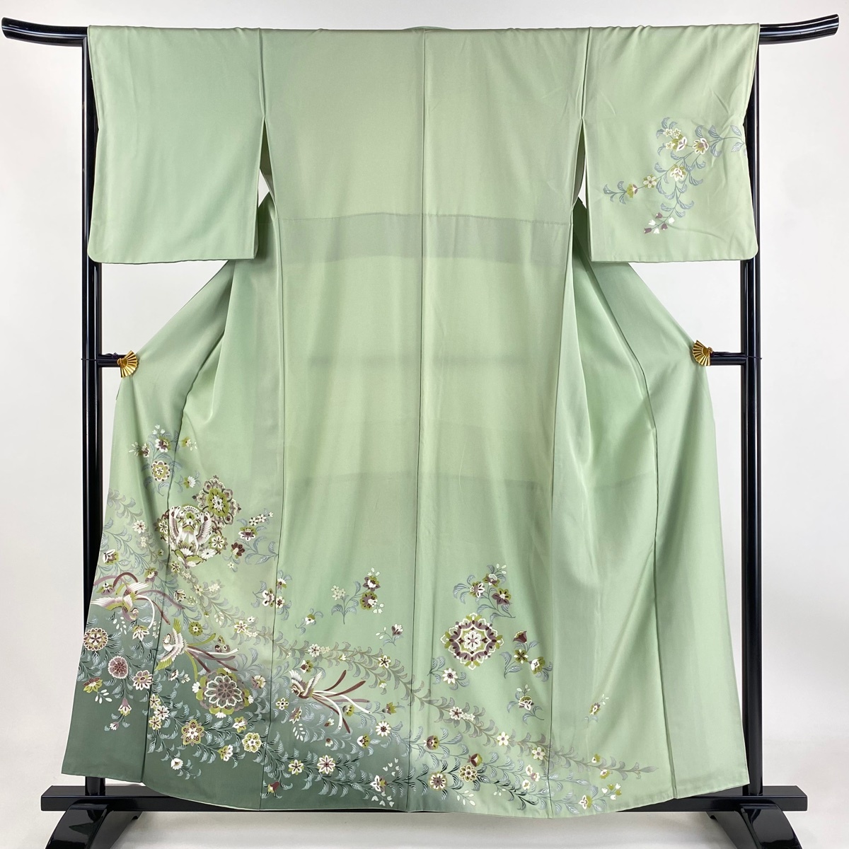 訪問着 身丈158cm 裄丈67cm M 袷 向かい鳥 花鳥 金彩 ぼかし 薄緑 正絹 秀品 【中古】拍卖