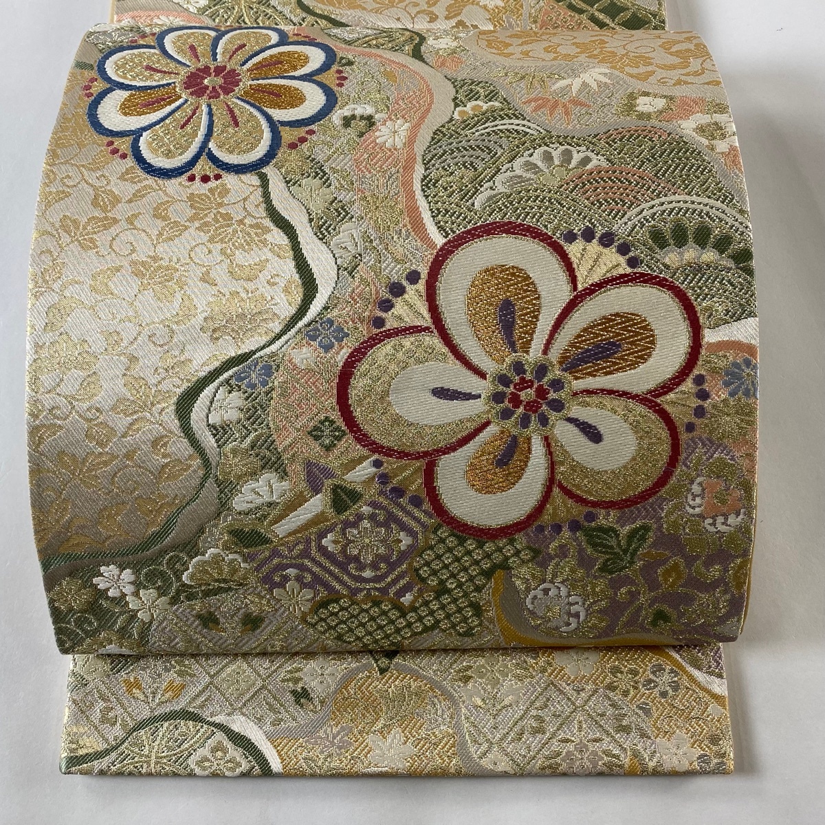 袋帯 美品 秀品 梅 菊 金糸 刺繍 金色 六通 正絹 【中古】拍卖
