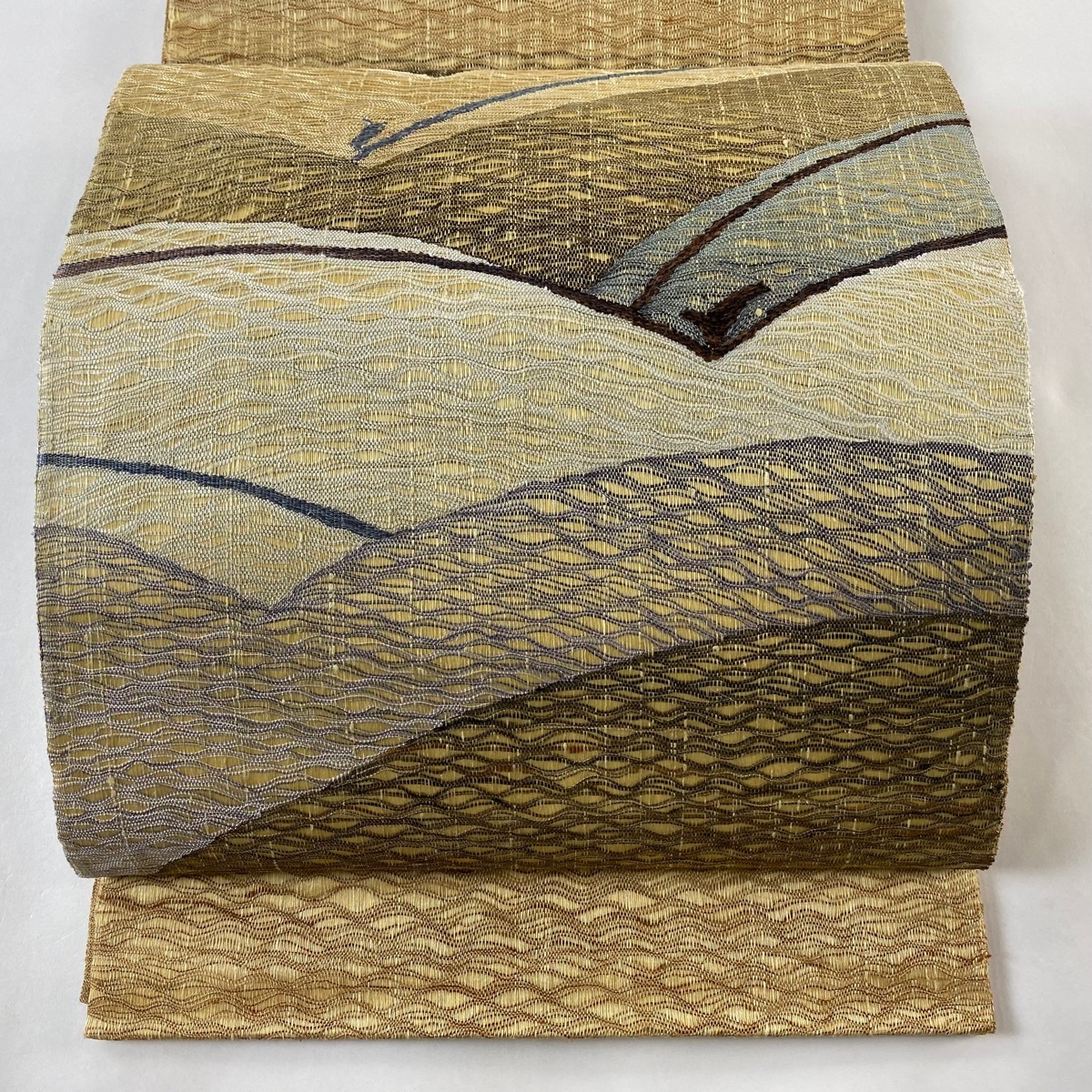 袋帯 美品 秀品 幾何学 ベージュ お太鼓柄 正絹 【中古】拍卖