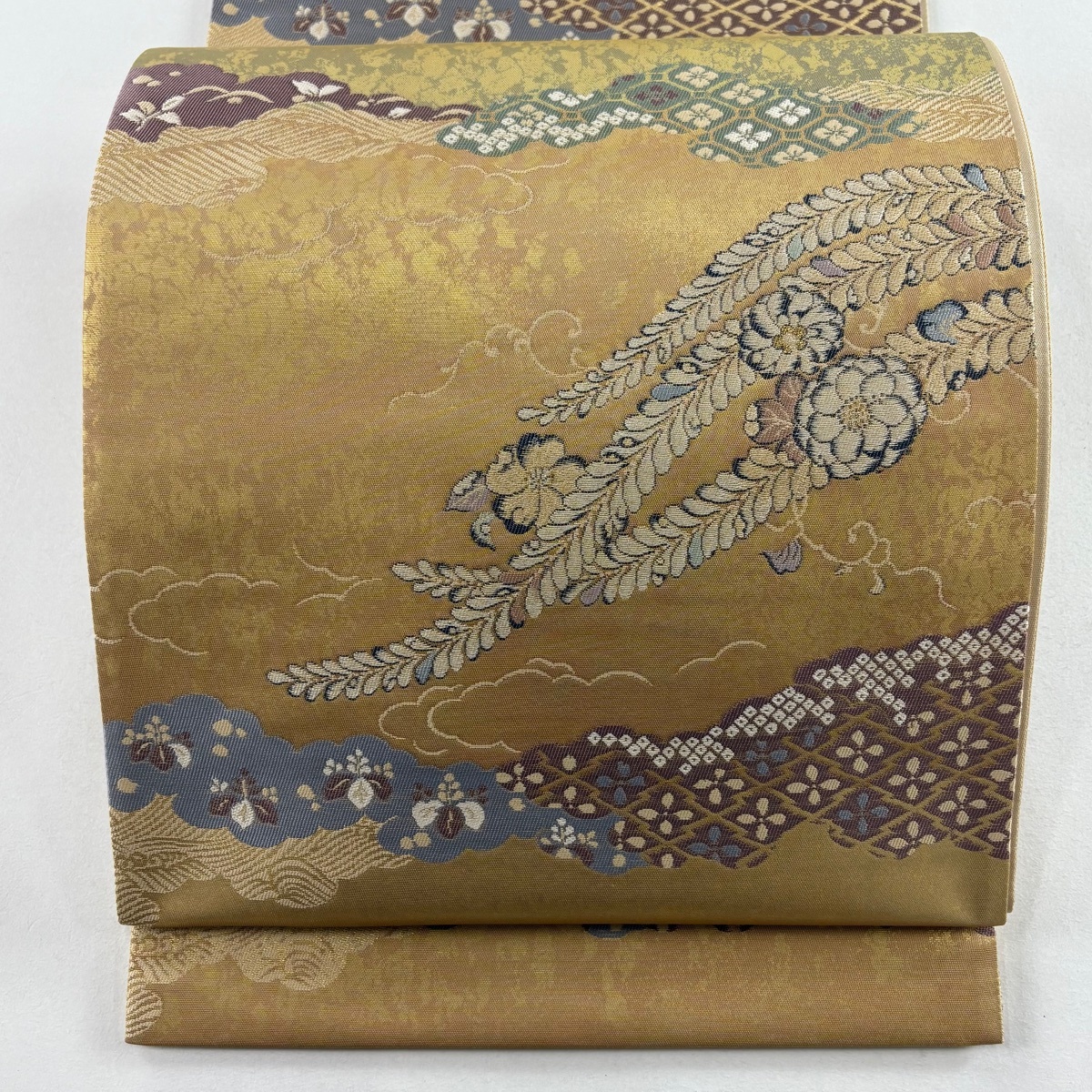 袋帯 美品 秀品 証紙 辻が花柄 雲文 箔 金色 六通 正絹 【中古】拍卖