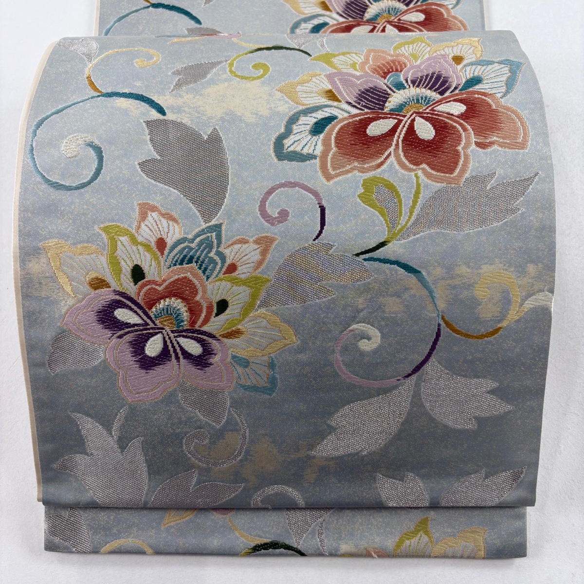 袋帯 秀品 花唐草 金銀糸 青灰色 六通 正絹 【中古】拍卖