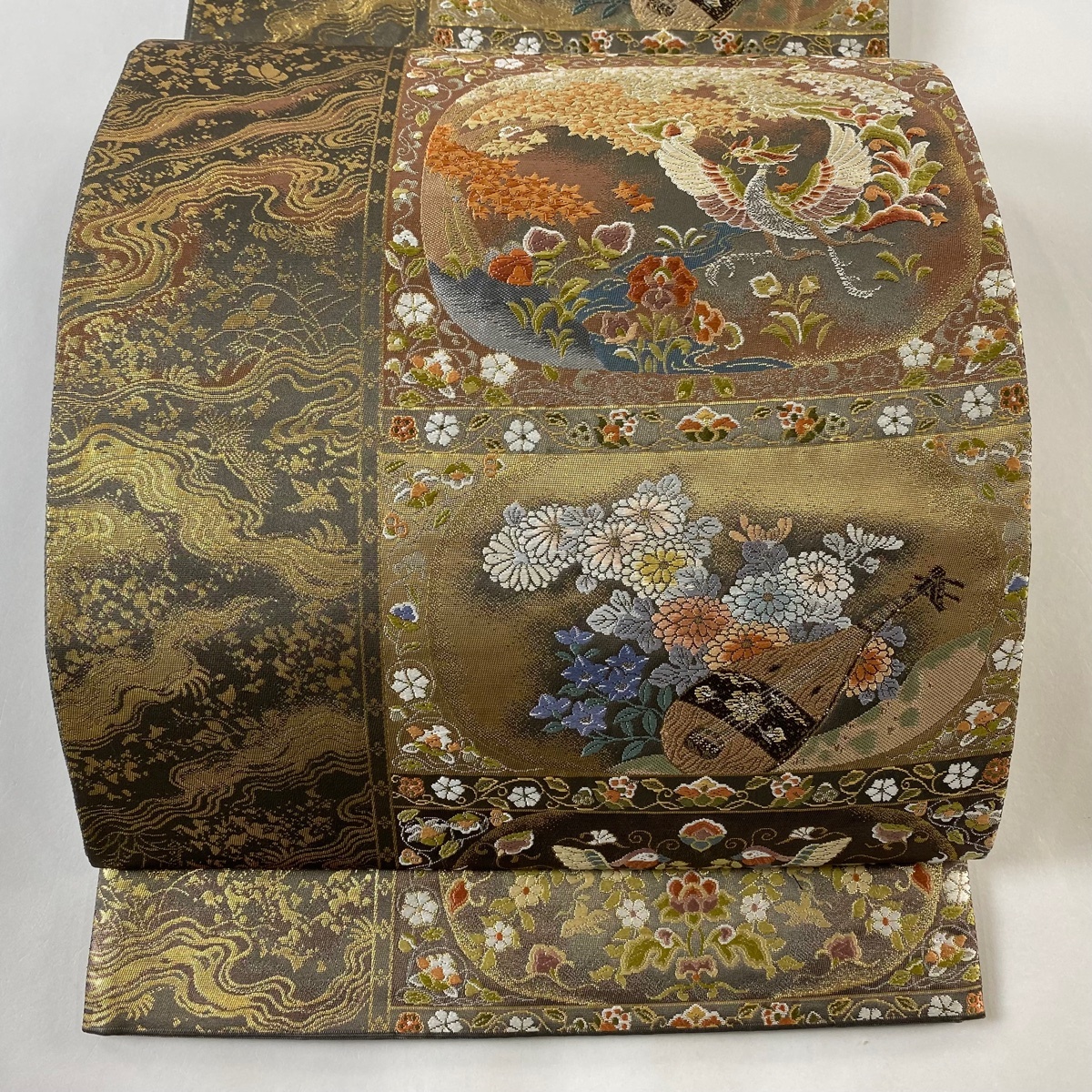 袋帯 美品 秀品 祥樹鴛鴦文 箔 唐織 茶緑色 六通 正絹 【中古】拍卖