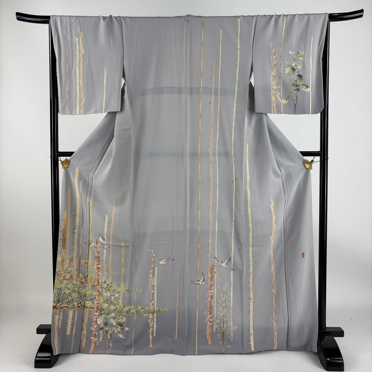 訪問着 身丈168cm 裄丈67cm M 袷 落款 草花 鳥 灰紫 正絹 秀品 【中古】拍卖