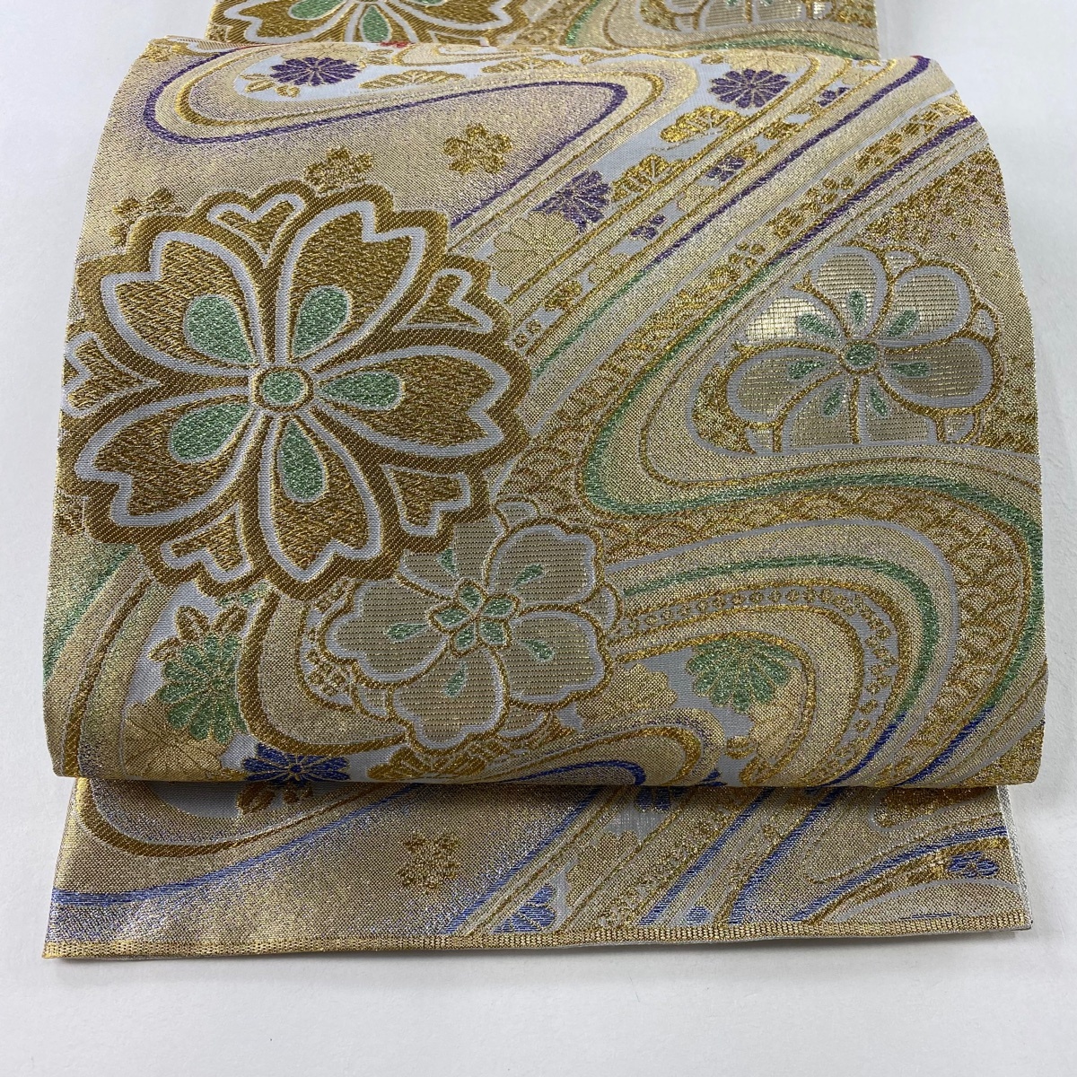 袋帯 秀品 桜 流水 金糸 箔 金色 六通 正絹 【中古】拍卖