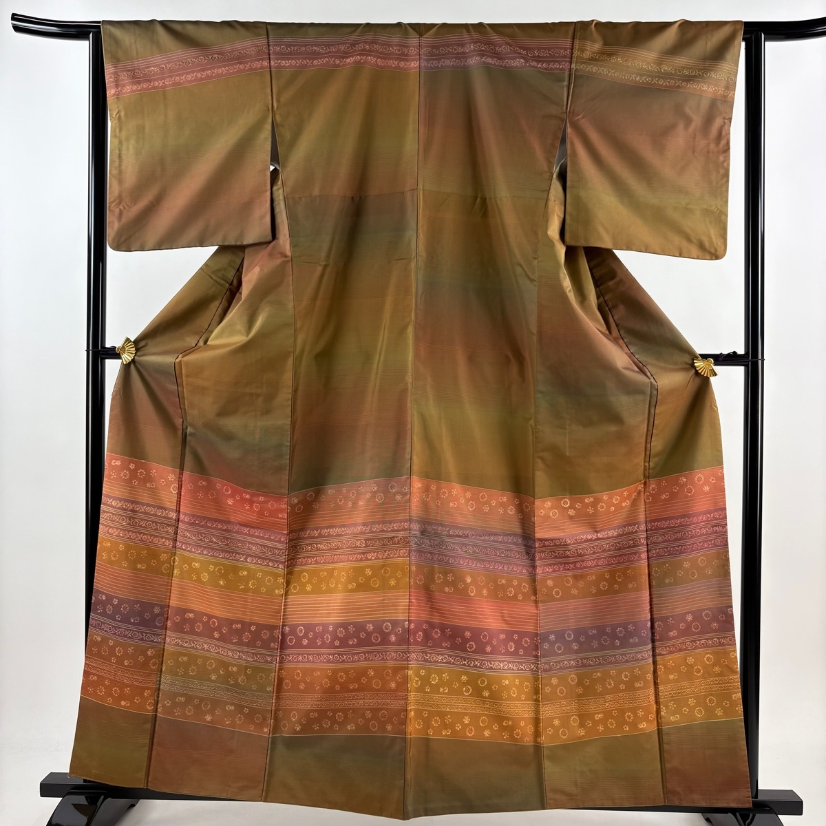 訪問着 身丈160.5cm 裄丈63cm S 袷 紬地 草花 縞 茶緑色 正絹 美品 秀品 【中古】拍卖