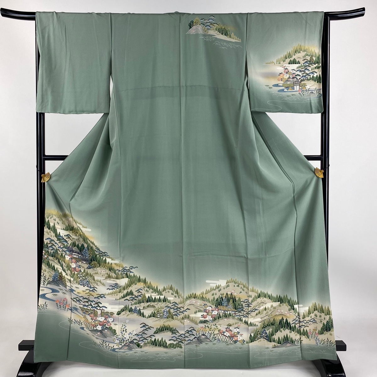 訪問着 身丈166cm 裄丈66cm M 袷 風景 建物 ぼかし 金彩 薄緑 正絹 秀品 【中古】拍卖