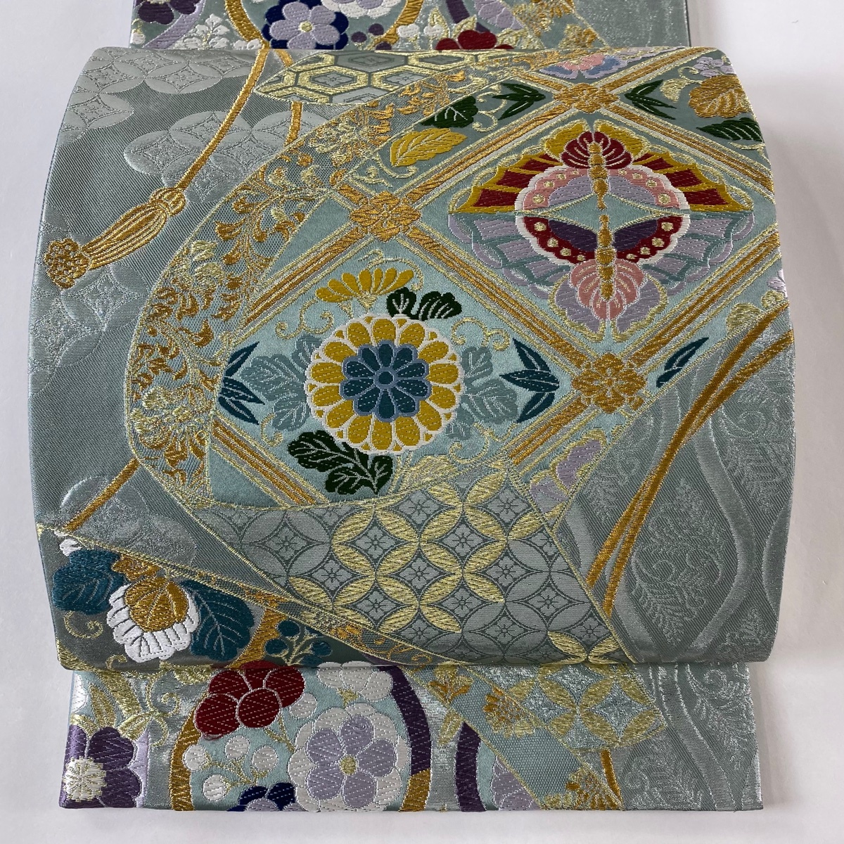 袋帯 美品 秀品 蝶 草花 唐織 金糸 灰緑 六通 正絹 【中古】拍卖