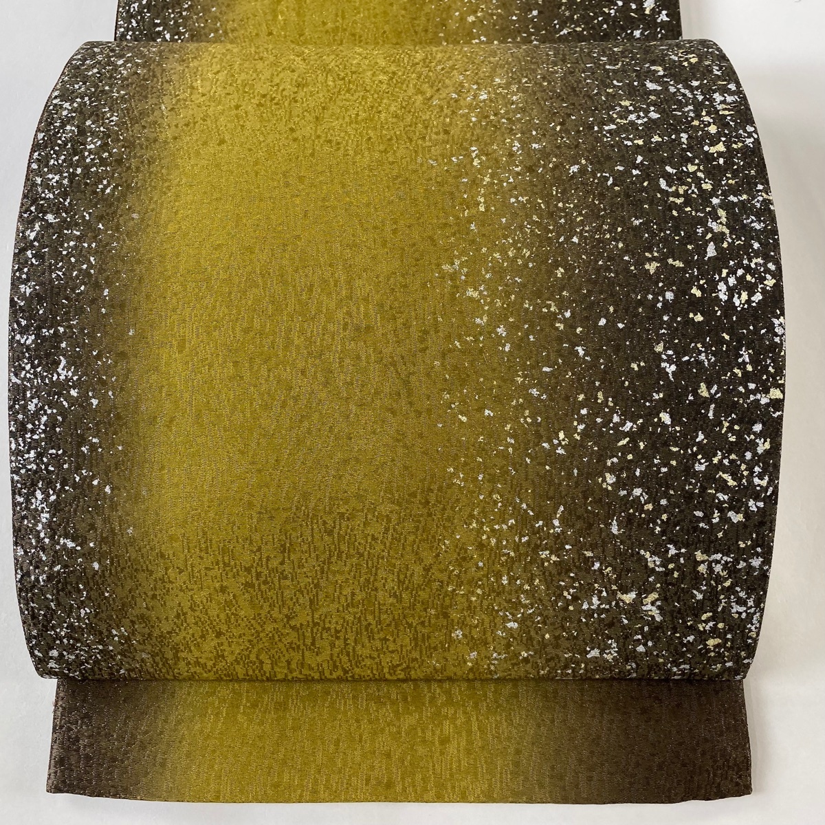 袋帯 美品 秀品 幾何学 金銀彩 茶緑色 お太鼓柄 正絹 【中古】拍卖