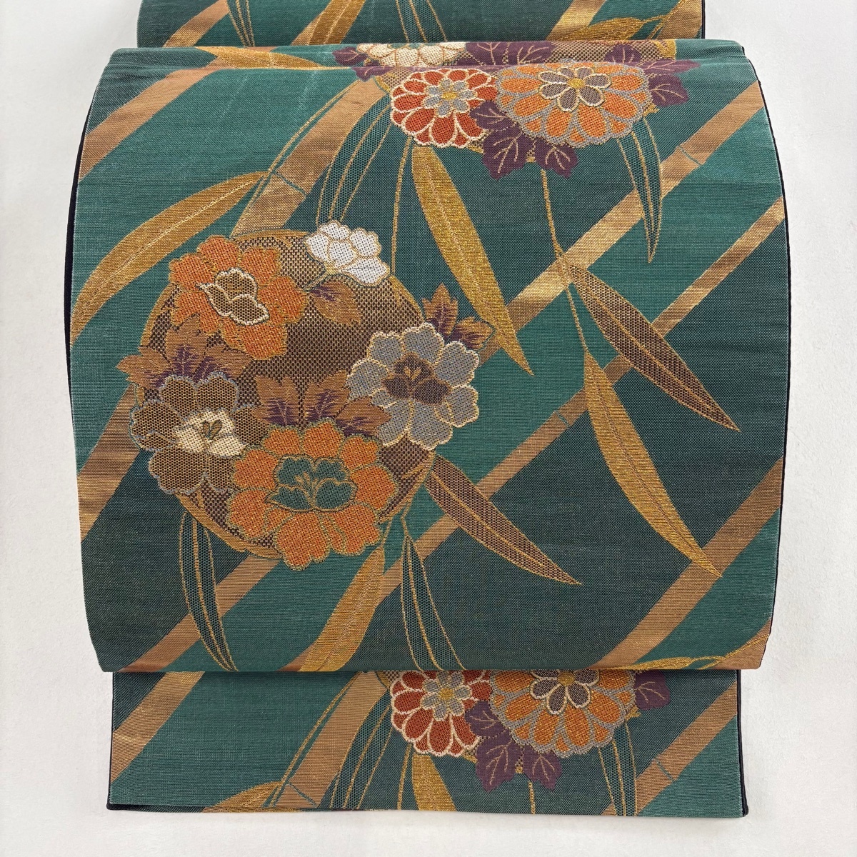袋帯 美品 秀品 花丸文 笹 金糸 箔 緑 六通 正絹 【中古】拍卖
