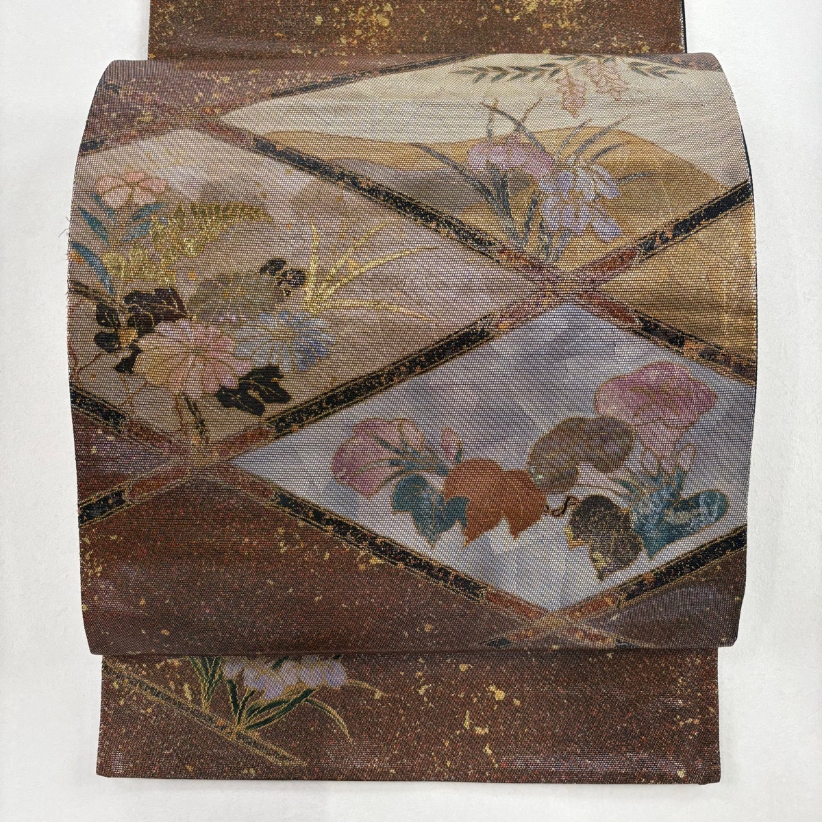 袋帯 秀品 朝顔 菊 螺鈿箔 箔 茶色 お太鼓柄 正絹 【中古】拍卖
