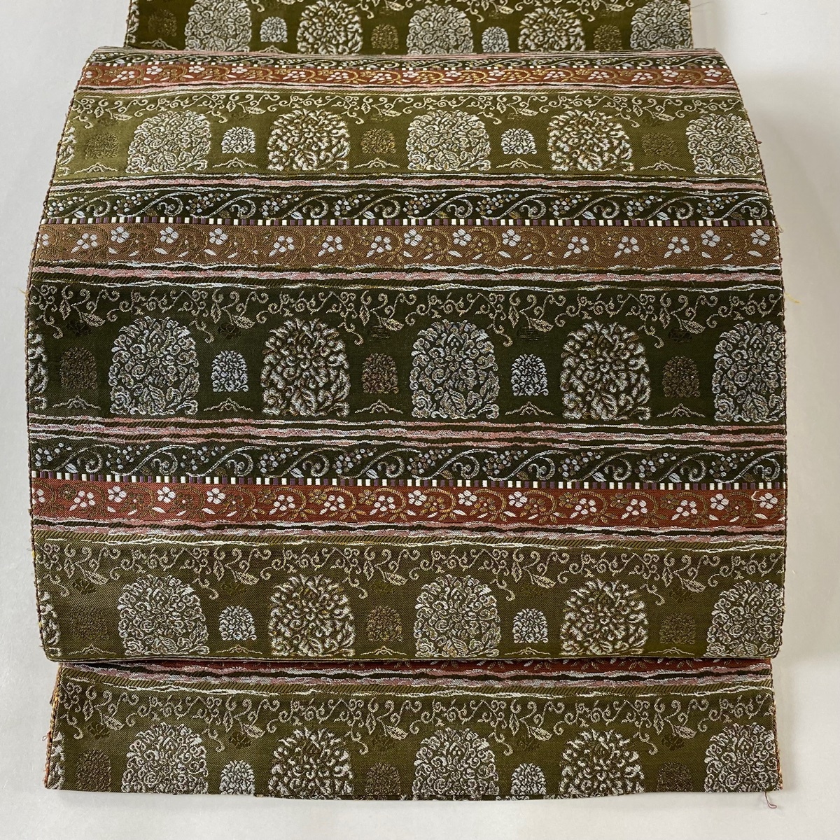 袋帯 秀品 草花 花唐草 金糸 茶緑色 全通 正絹 【中古】拍卖