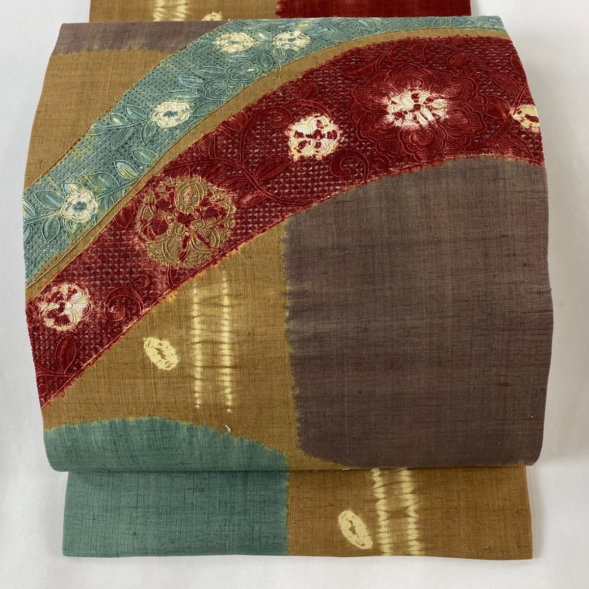 開き名古屋帯 美品 秀品 紬地 花唐草 鳥 絞り 刺繍 茶色 正絹 【中古】拍卖