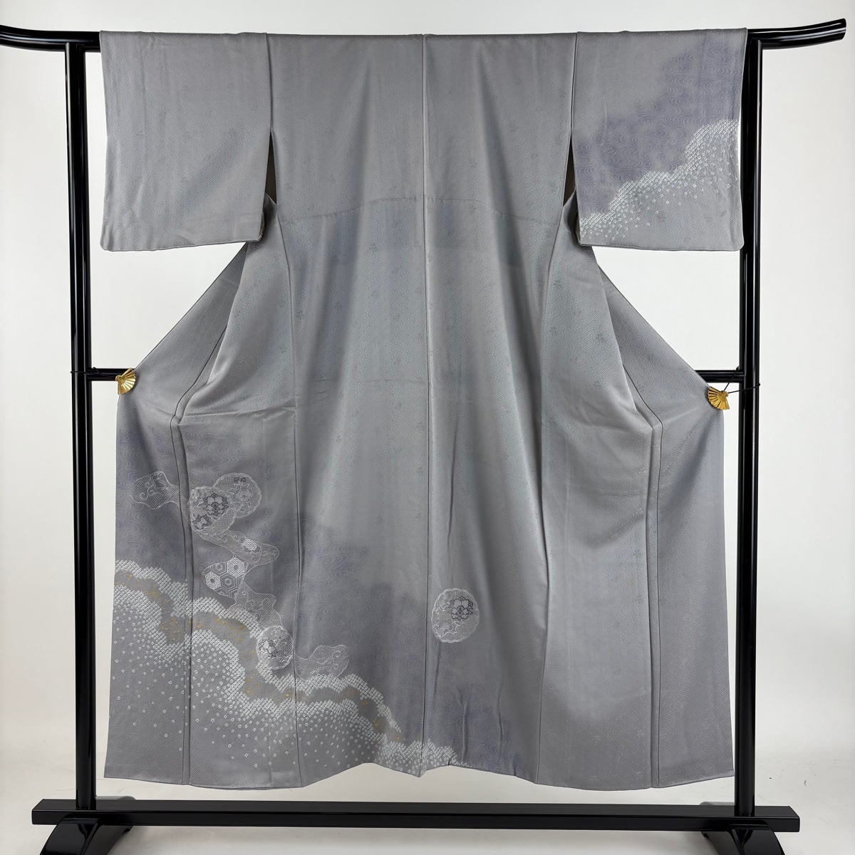 訪問着 身丈151.5cm 裄丈63cm S 袷 雪輪 亀甲文 刺繍 絞り 灰紫 正絹 秀品 【中古】拍卖