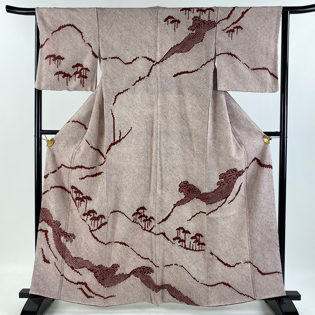 訪問着 身丈161.5cm 裄丈64.5cm M 袷 波 波頭 総絞り えんじ色 正絹 美品 秀品 【中古】拍卖