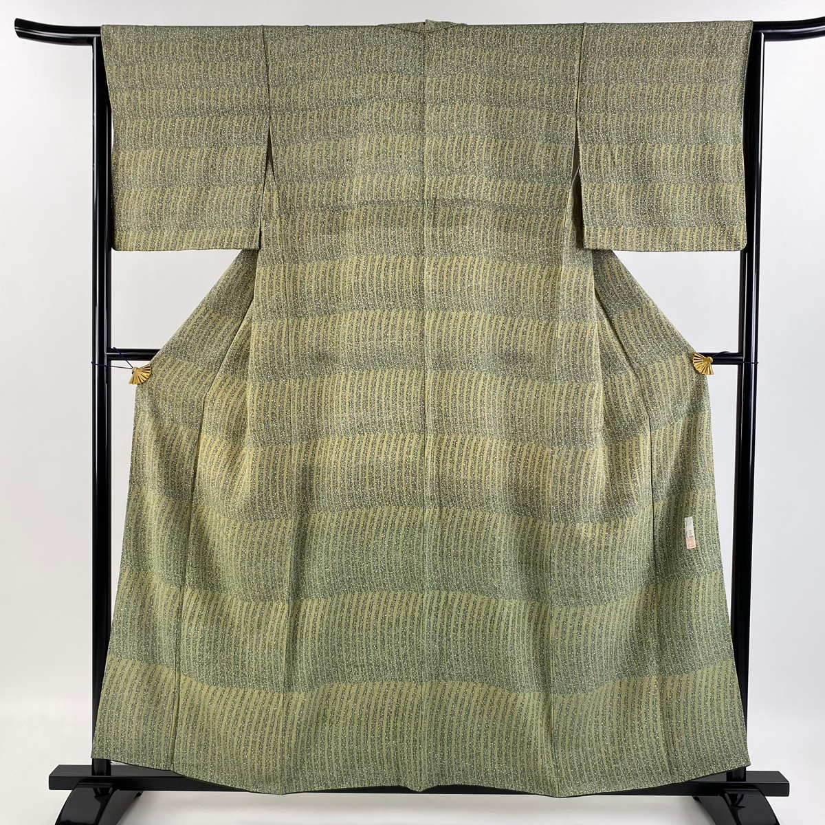 小紋 身丈157.5cm 裄丈64cm M 袷 段縞 幾何学模様 ぼかし 緑 正絹 美品 秀品 【中古】拍卖