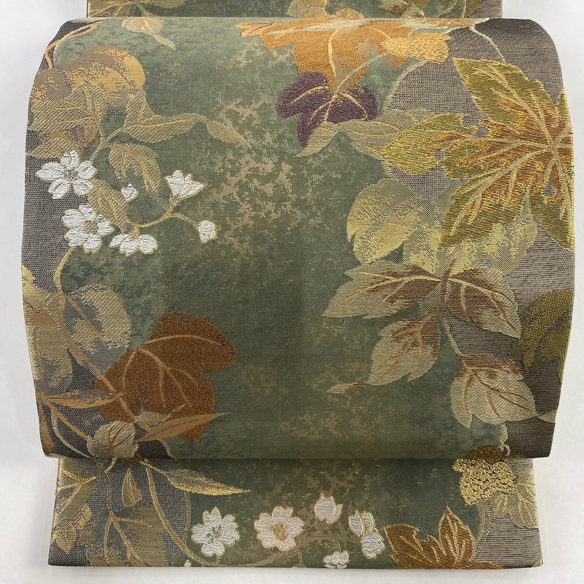 袋帯 美品 秀品 やまと 葉 花 金銀糸 箔 灰緑 六通 正絹 【中古】拍卖