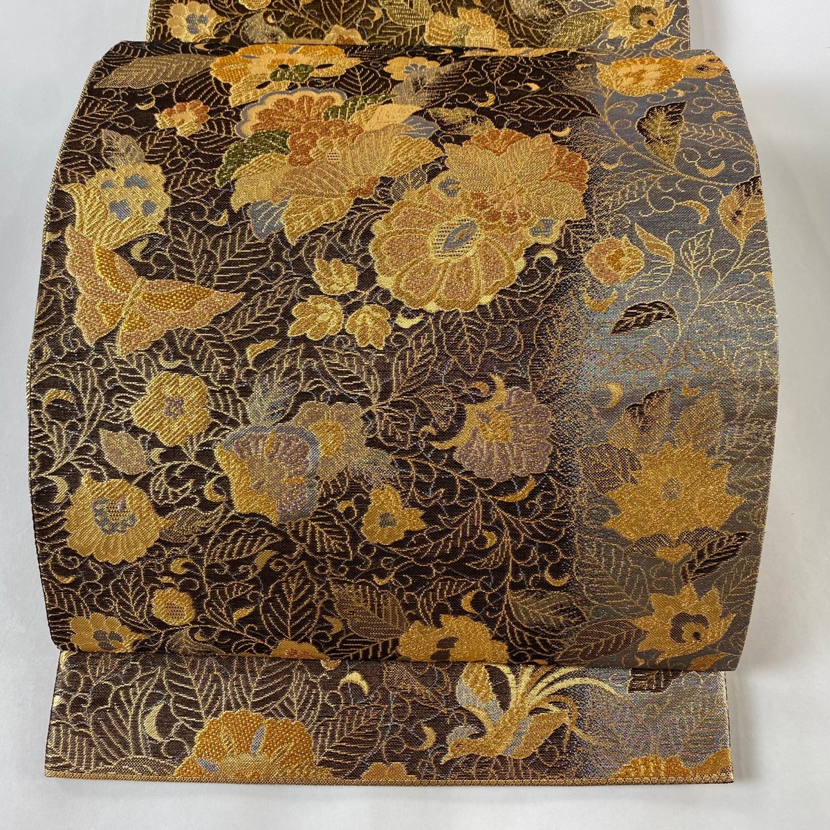 袋帯 美品 秀品 花唐草 鳳凰 金糸 箔 金茶 六通 正絹 【中古】拍卖