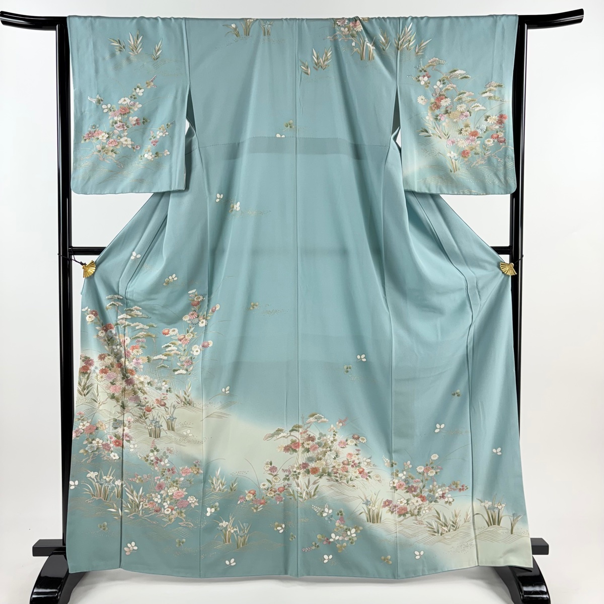 訪問着 身丈166.5cm 裄丈65cm M 袷 草花 波 金彩 刺繍 水色 正絹 名品 【中古】拍卖