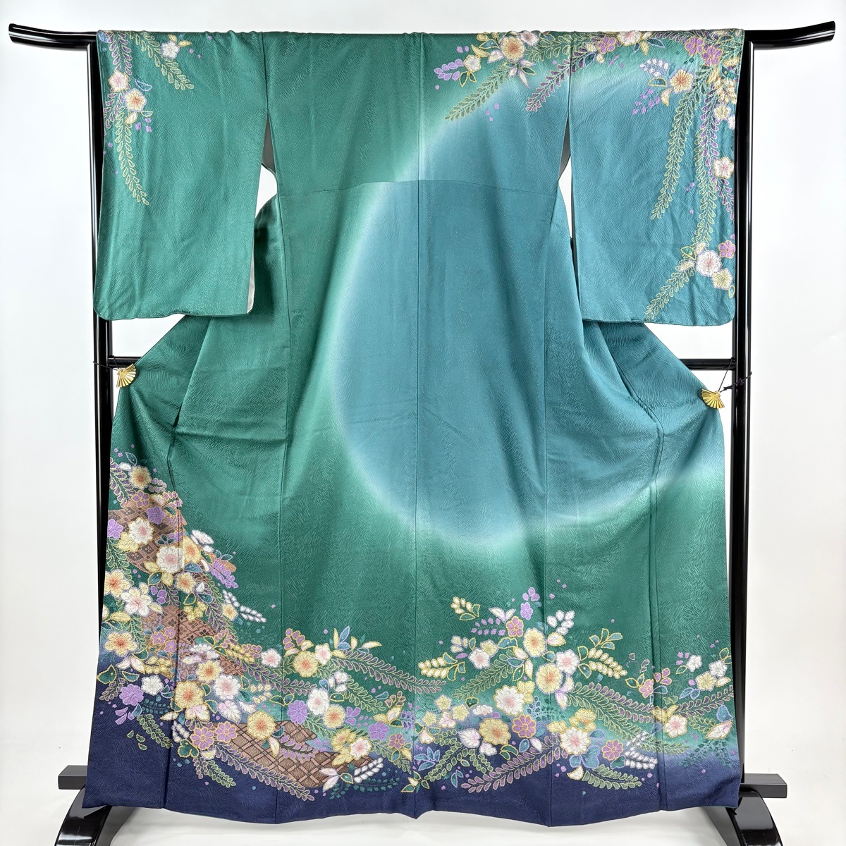 訪問着 身丈167cm 裄丈65.5cm M 袷 辻ヶ花 松川菱 金通し 金彩 緑 正絹 美品 名品 【中古】拍卖