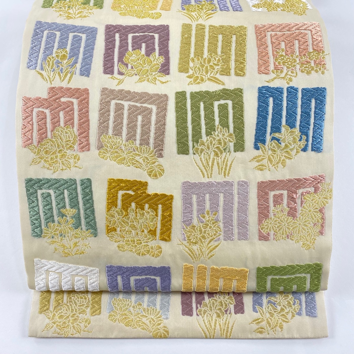 袋帯 名品 源氏香 草花 金糸 唐織 薄黄 六通 正絹 【中古】拍卖