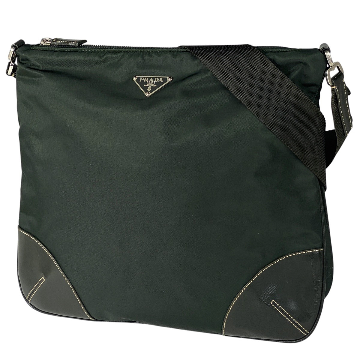 プラダ PRADA ロゴプレート ショルダーバッグ 斜め掛け ショルダーバッグ ナイロン グリーン レディース 【中古】拍卖