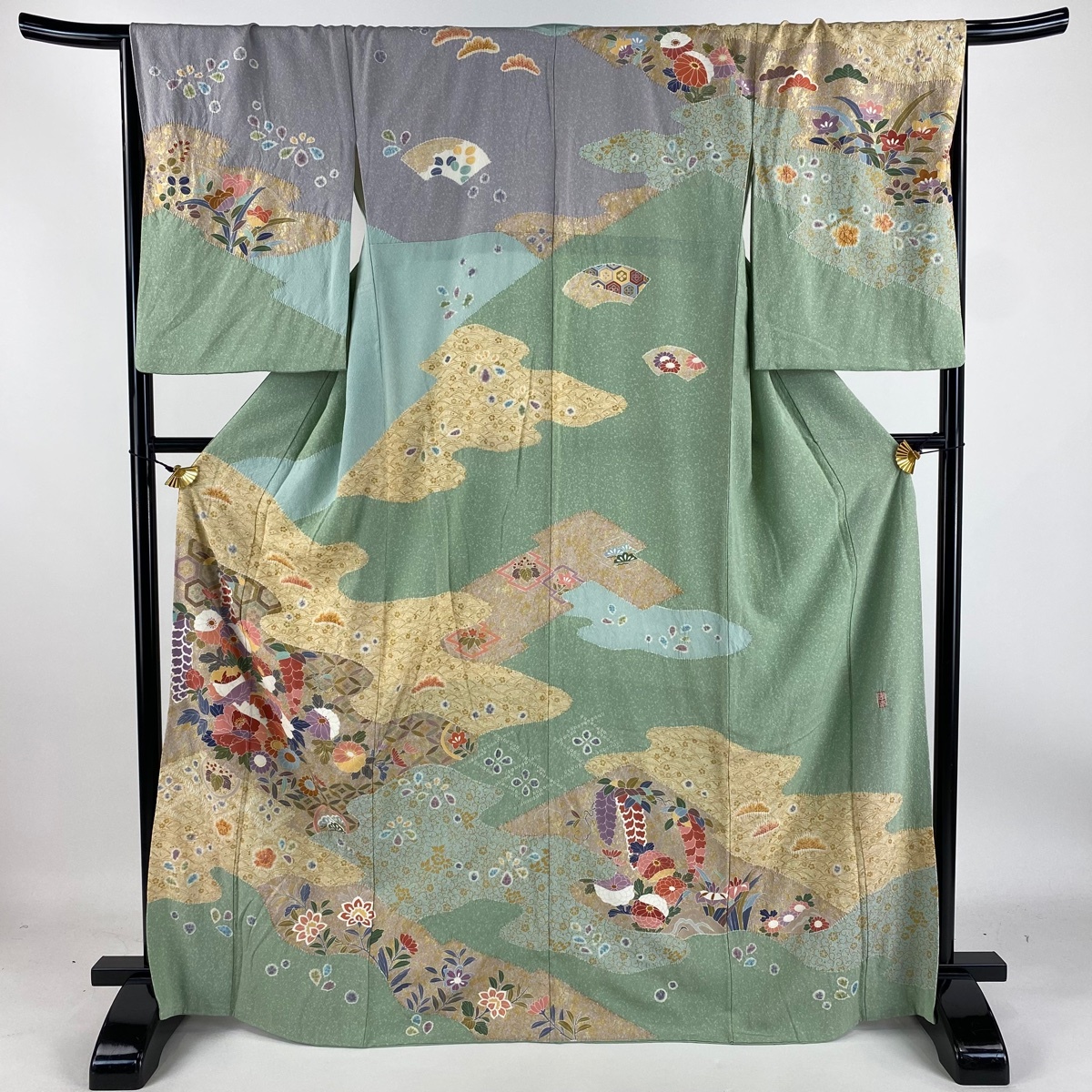 訪問着 身丈168cm 裄丈67.5cm L 袷 徳永憲峯 落款 草花 有職文様 金彩 絞り 薄緑 正絹 名品 【中古】拍卖