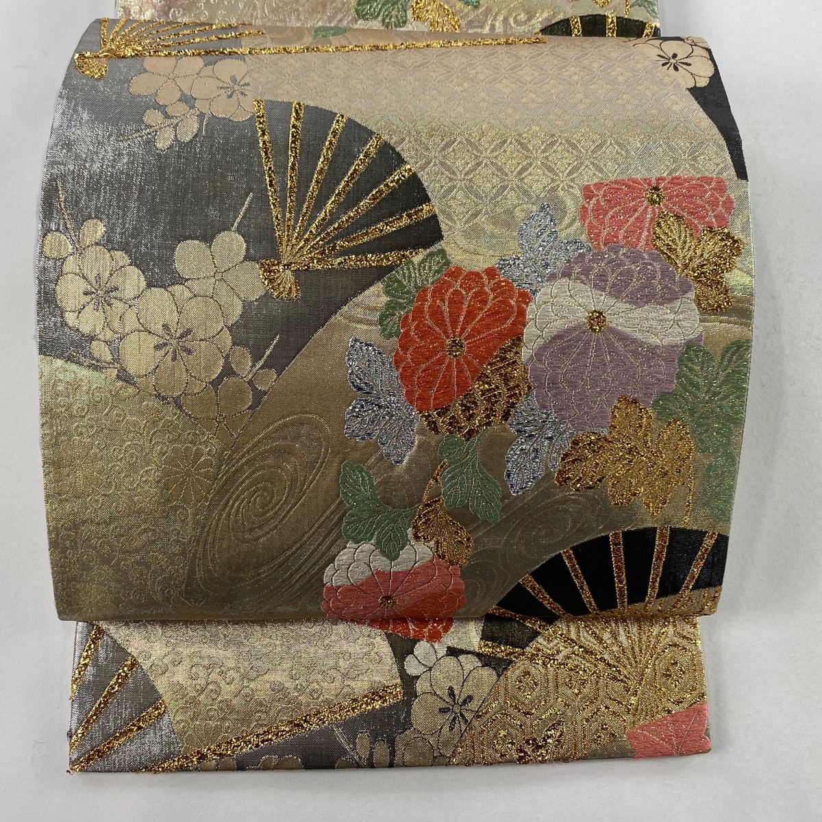 袋帯 美品 秀品 扇 菊 箔 金色 六通 正絹 【中古】拍卖