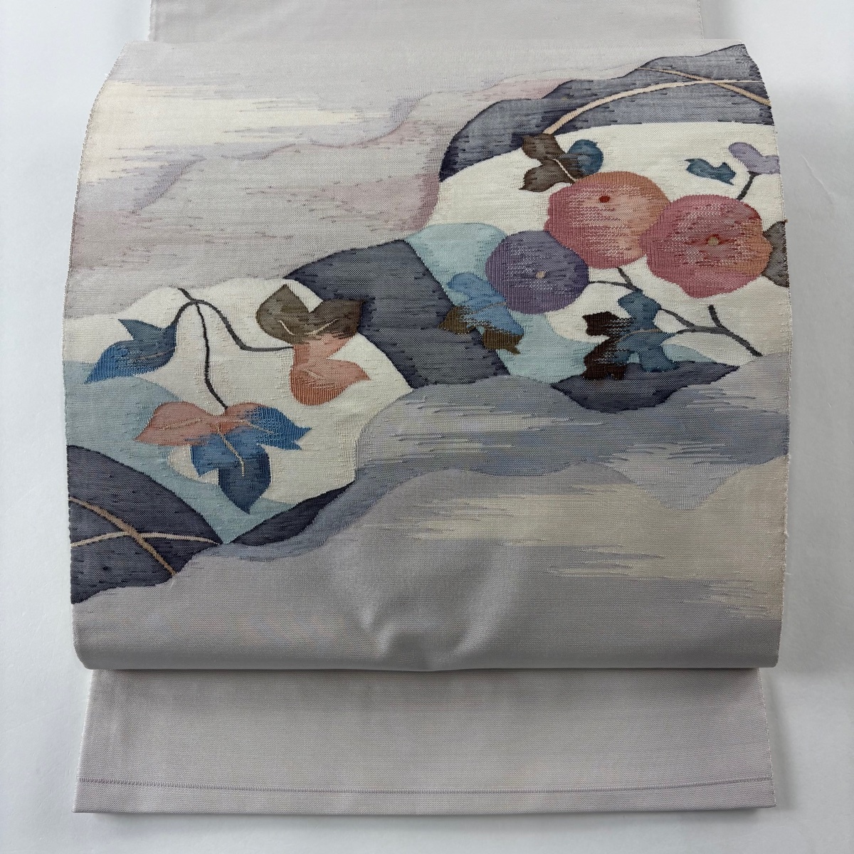 袋帯 美品 秀品 関西仕立て 枝花 霞 薄紫 お太鼓柄 正絹 【中古】拍卖