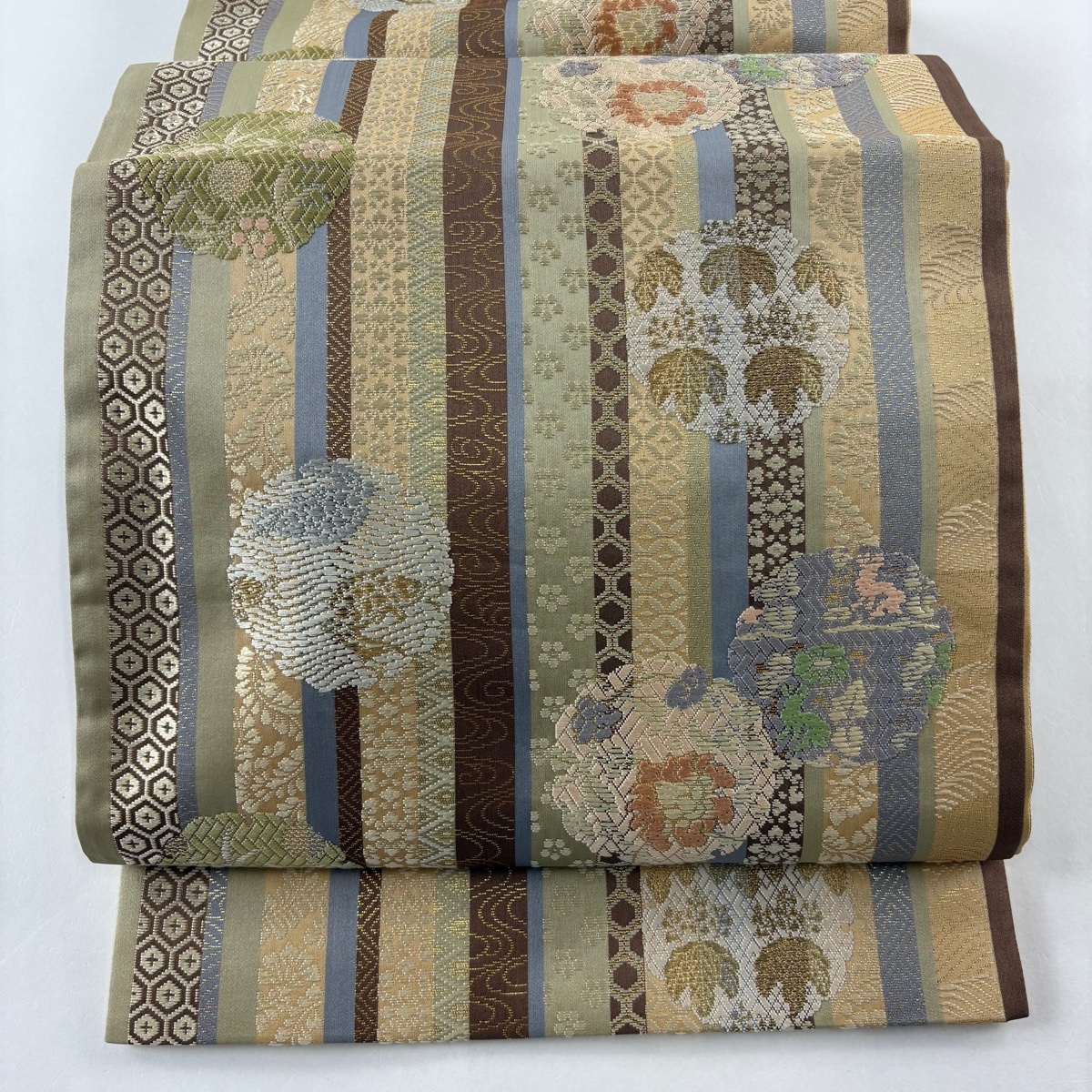 袋帯 美品 秀品 雪輪 縞 金糸 箔 薄茶色 六通 正絹 【中古】拍卖