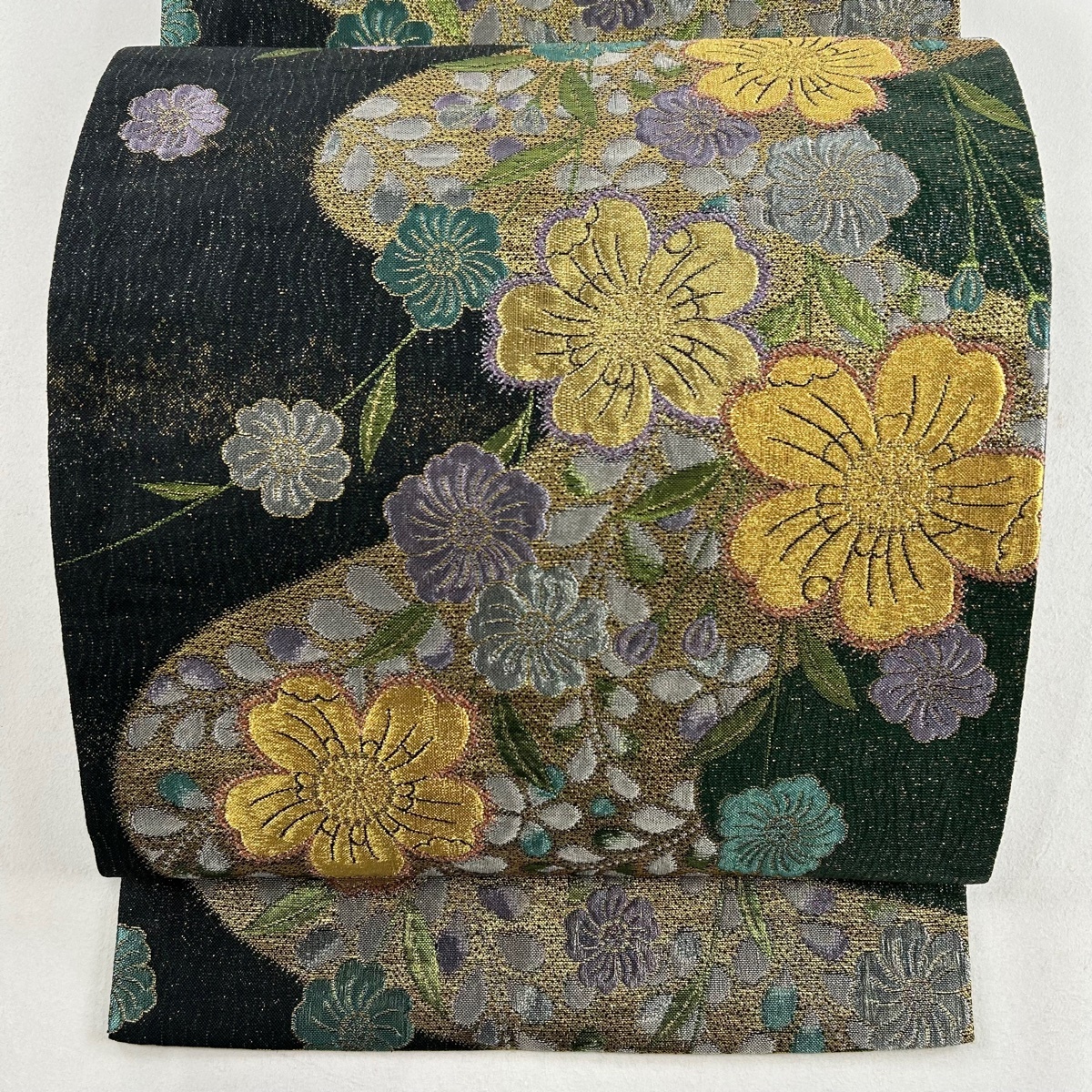 袋帯 美品 秀品 桜 流水 箔 墨色 六通 正絹 【中古】拍卖