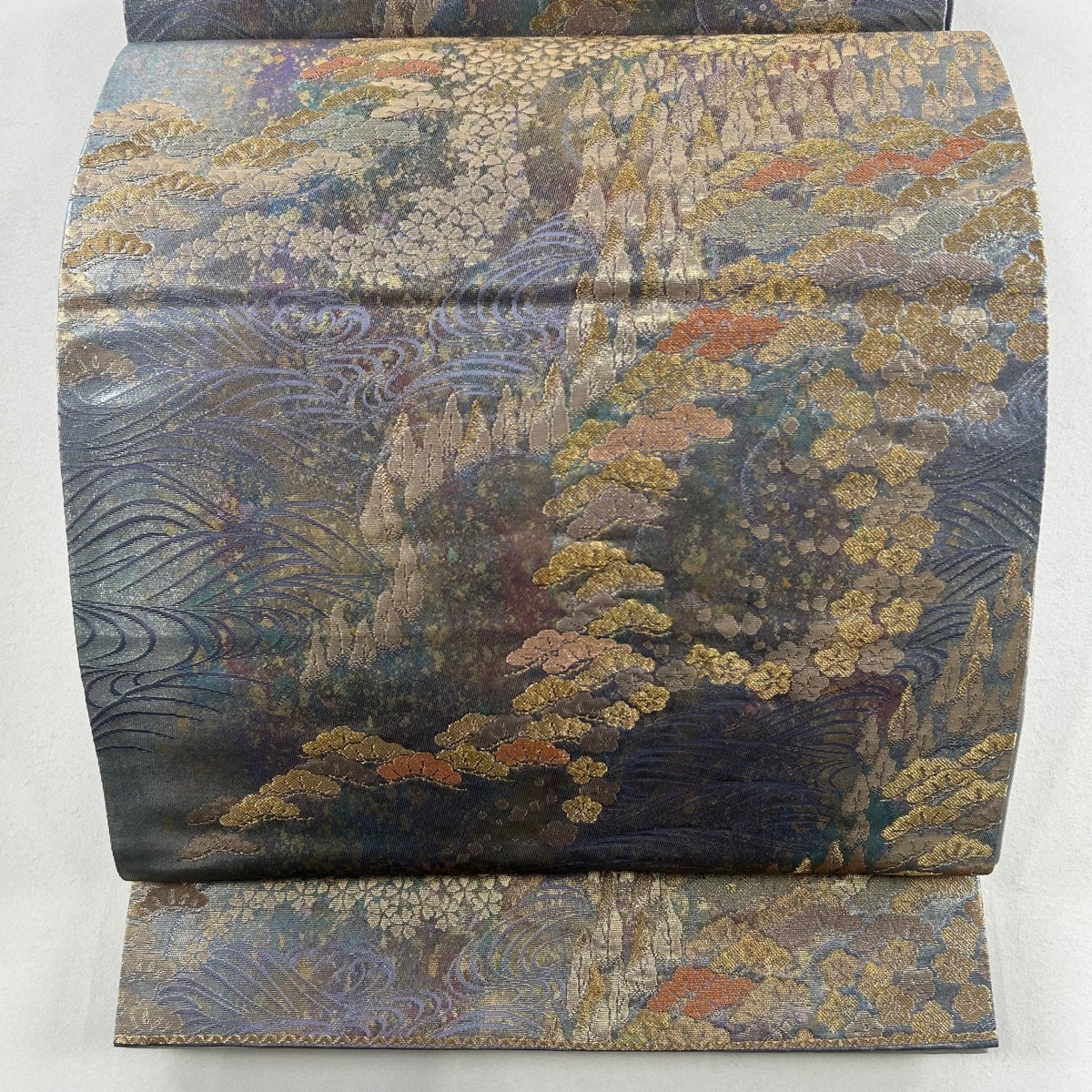 袋帯 秀品 松梅 波 箔 青灰色 六通 正絹 【中古】拍卖