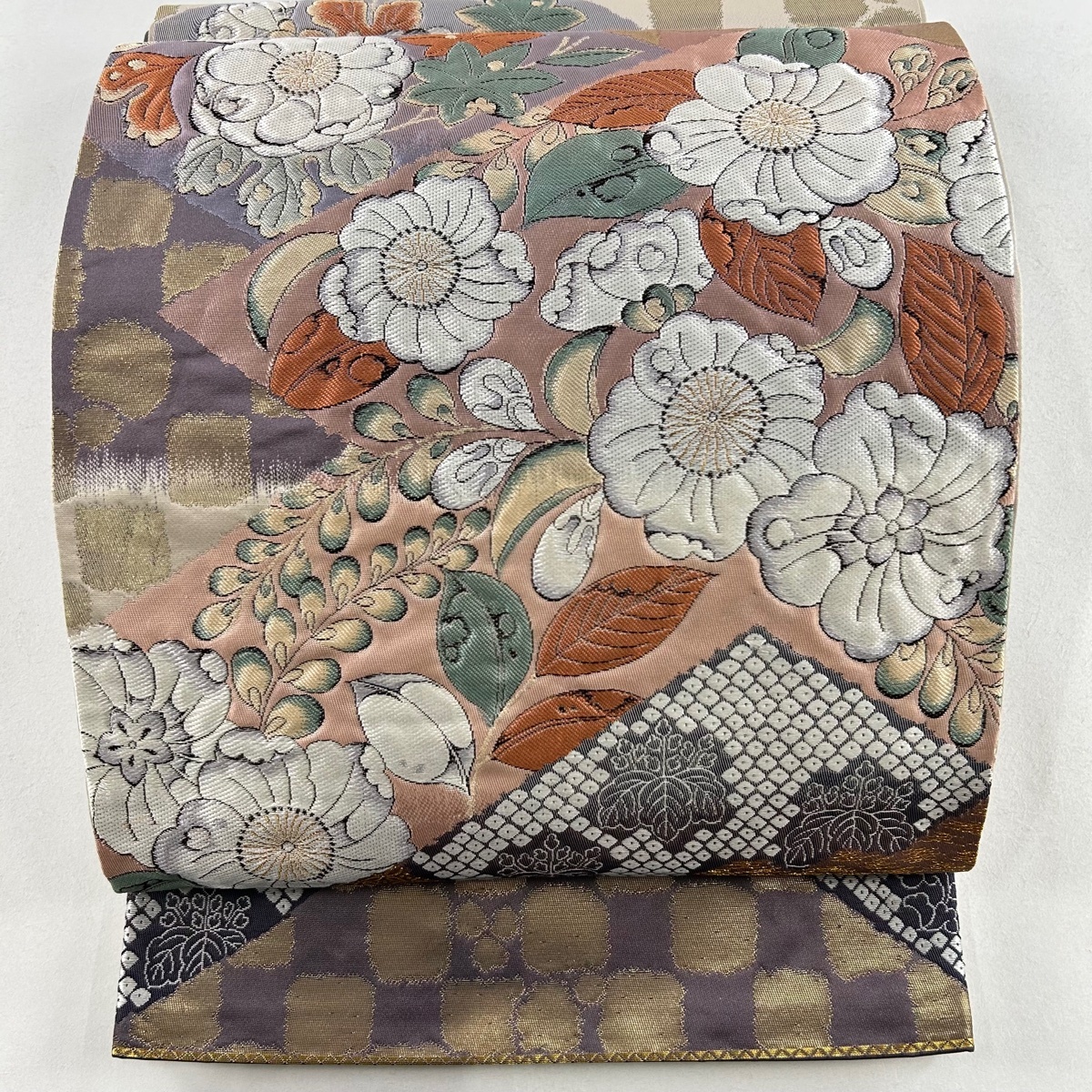 袋帯 美品 秀品 関西仕立て 菱重ね辻が花紋 金糸 箔 薄ピンク 六通 正絹 【中古】拍卖