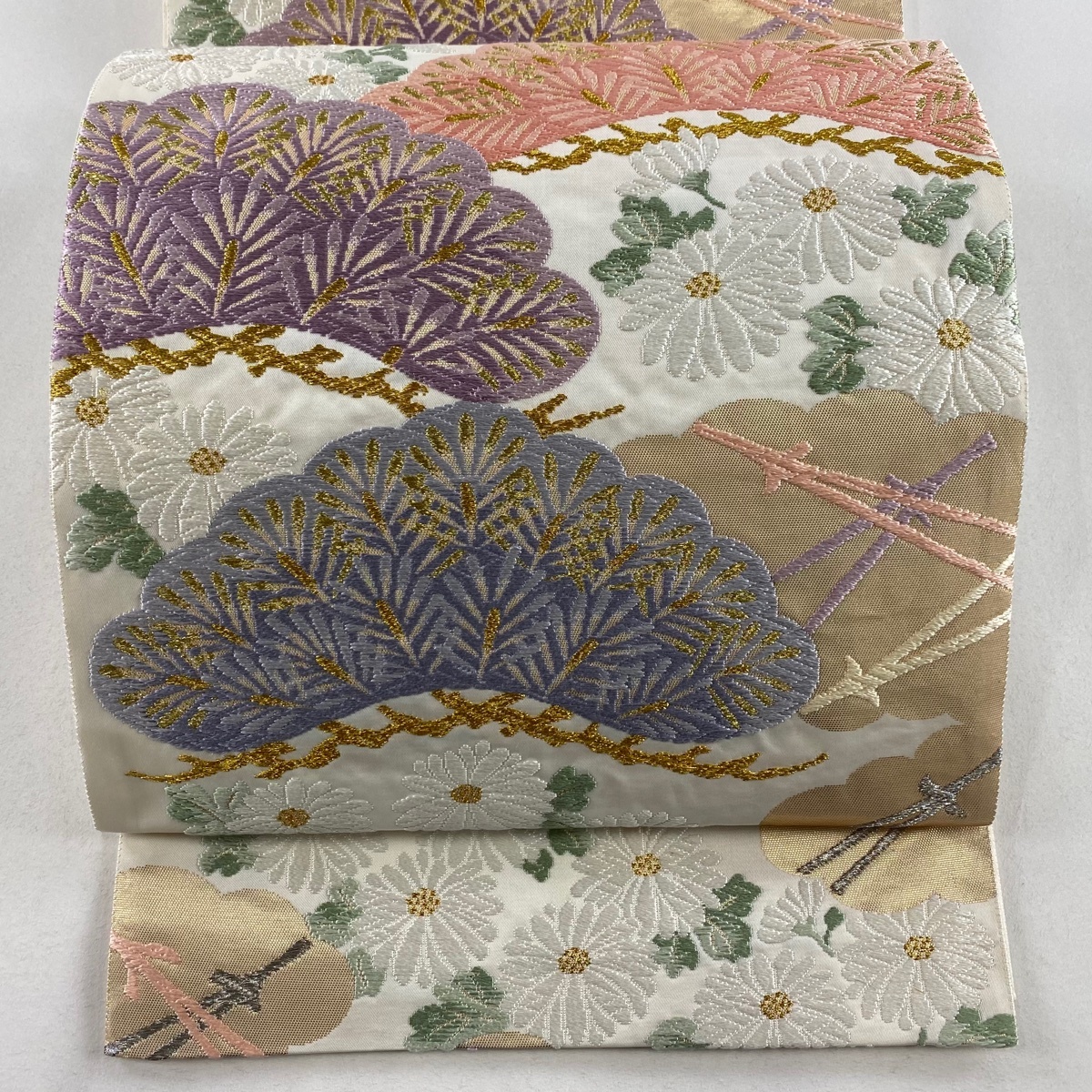 袋帯 美品 名品 松 菊 唐織 金糸 灰白 六通 正絹 【中古】拍卖