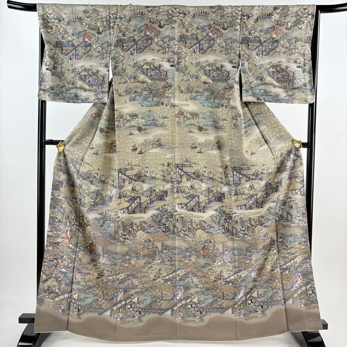 訪問着 身丈166cm 裄丈67cm M 袷 紬地 かるた 御所風景 刺繍 金糸 灰茶 正絹 美品 名品 【中古】拍卖