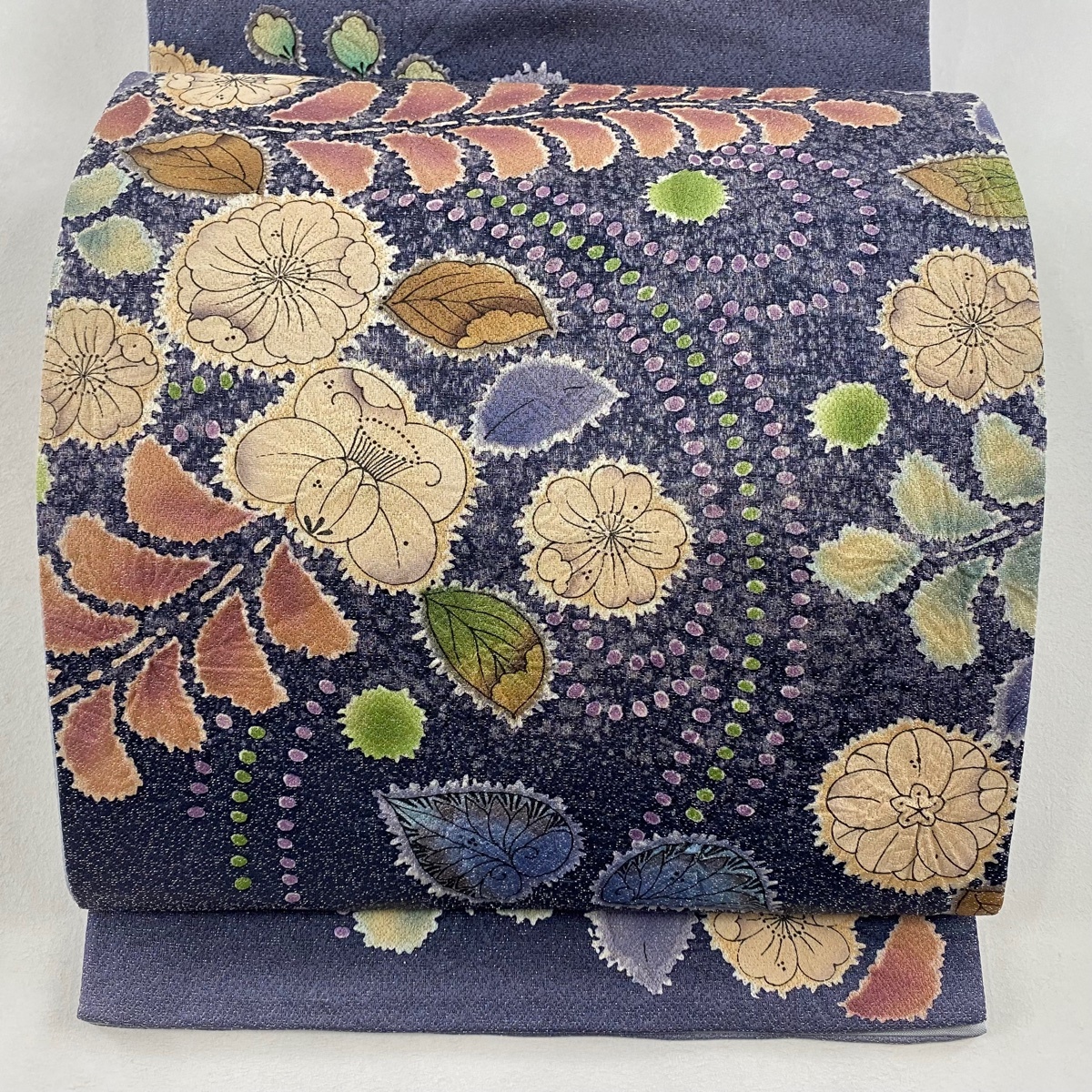 袋帯 美品 名品 辻が花柄 草花 銀糸 灰紫 お太鼓柄 正絹 【中古】拍卖