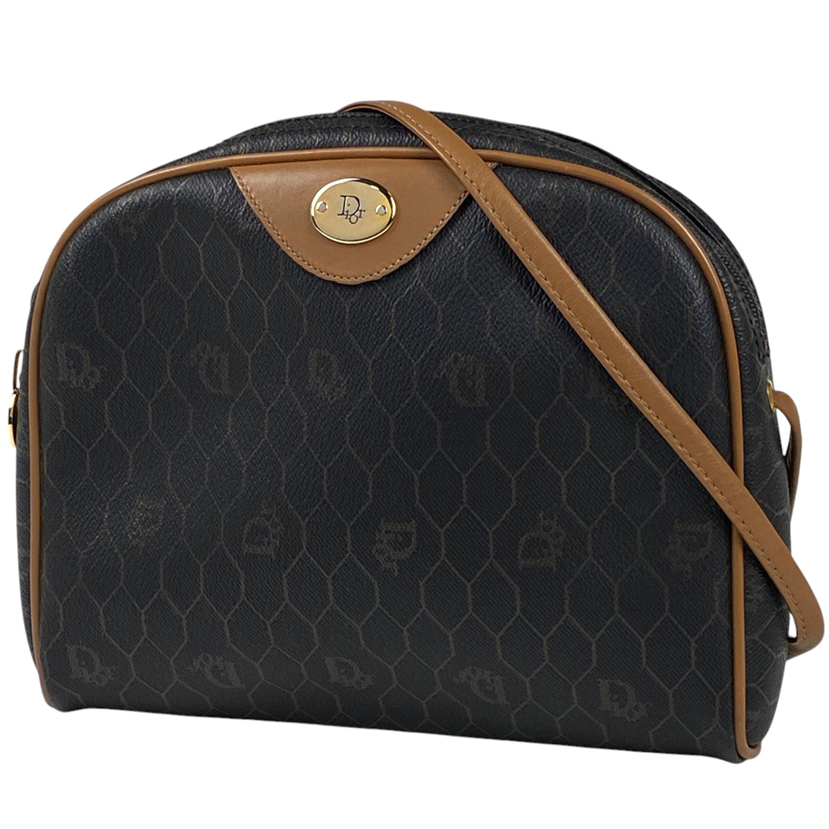 【在庫一掃】 クリスチャンディオール ハニカム柄 ショルダーバッグ コーティングキャンバス ブラック ブラウン 【中古】拍卖