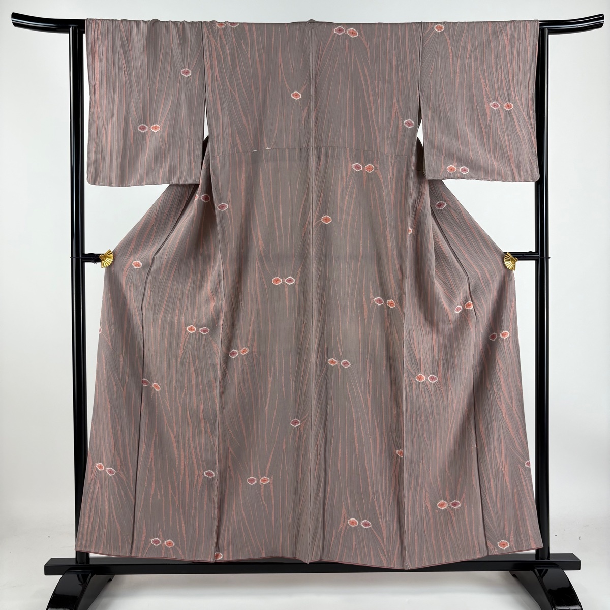 小紋 身丈155cm 裄丈65cm M 袷 幾何学模様 花 絞り 灰紫 正絹 秀品 【中古】拍卖