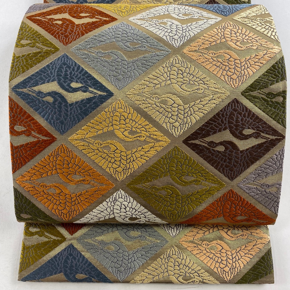 袋帯 美品 秀品 鶴 菱 唐織 箔 金色 六通 正絹 【中古】拍卖