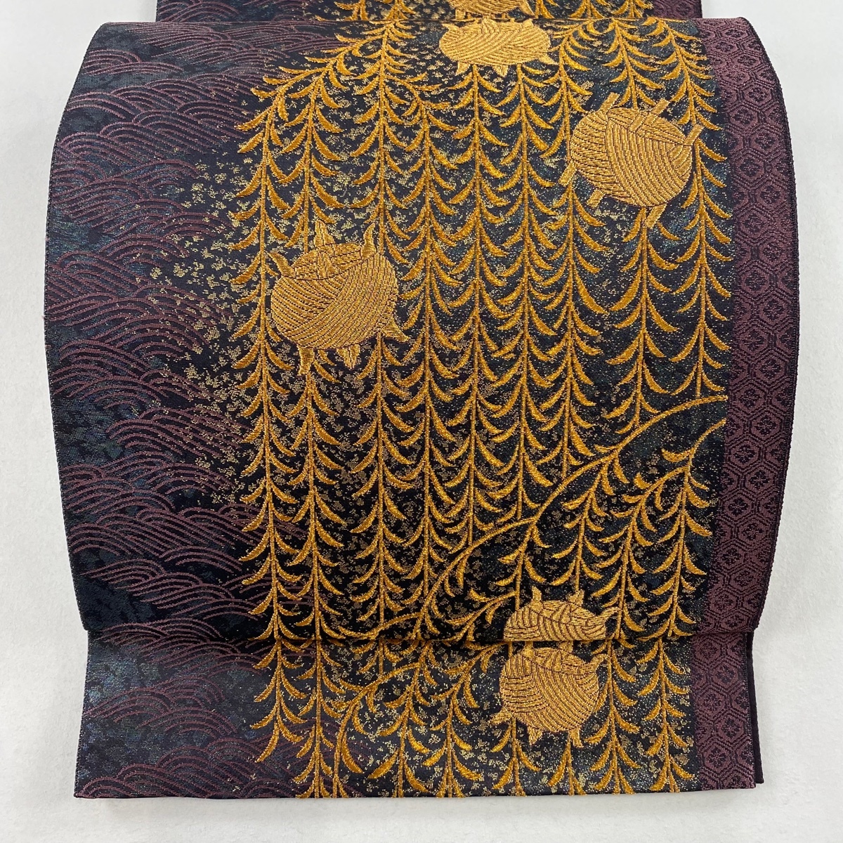 袋帯 美品 秀品 糸巻き 波 金糸 箔 紫 六通 正絹 【中古】拍卖