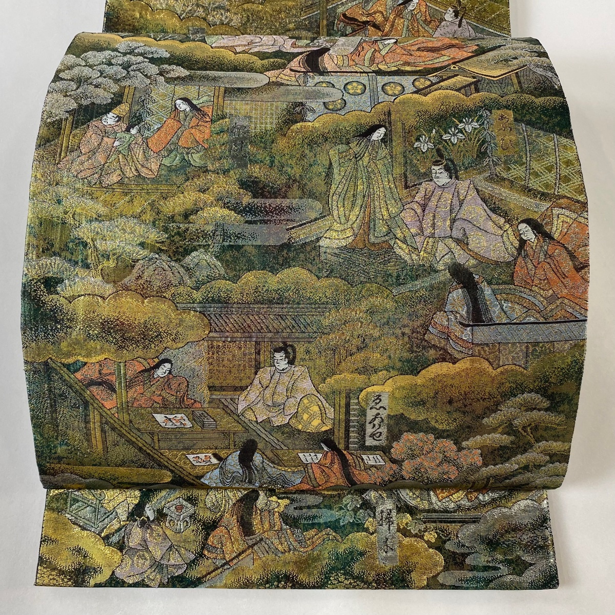 袋帯 美品 名品 源氏物語絵巻 人物 箔 灰緑 お太鼓柄 正絹 【中古】拍卖
