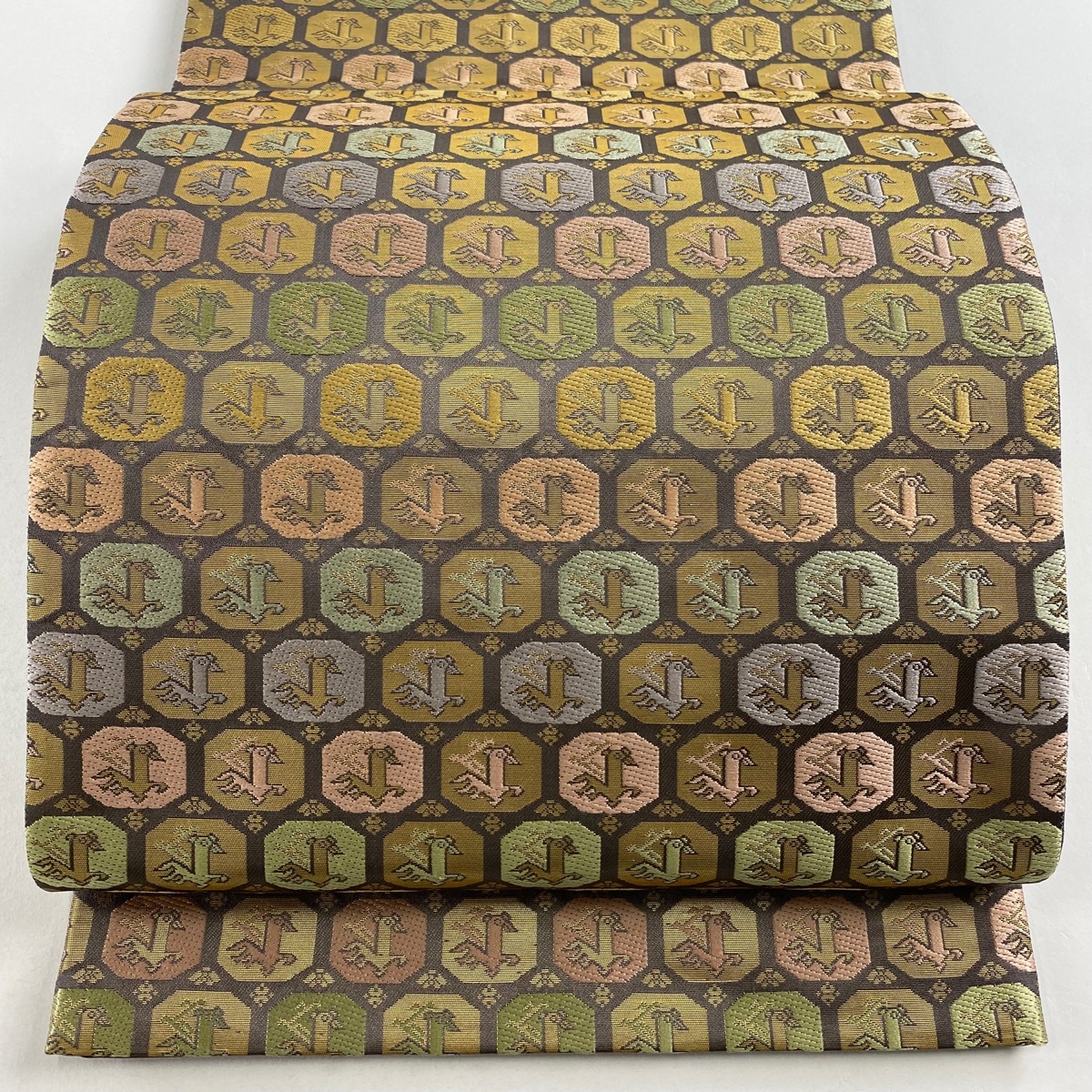 袋帯 美品 名品 箔屋清兵衛 落款 西陣織 鳥 箔 灰紫 六通 正絹 【中古】拍卖