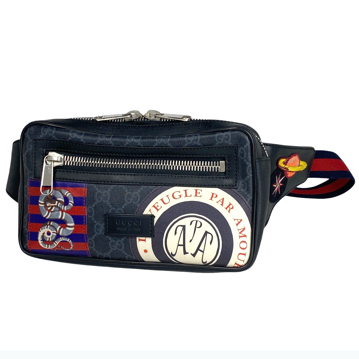 【在庫一掃】 グッチ GG柄 ウエストバッグ ベルトバッグ ウェブ スネークプリント ボディバッグ GGスプリーム ブラック 474293 【中古】拍卖